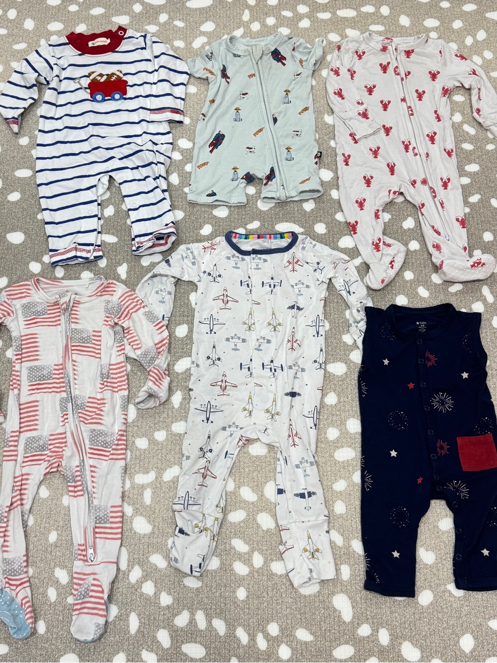 Lot of 6 Bamboo footies romper kyte baby boy shortie planes 4th of july superman
